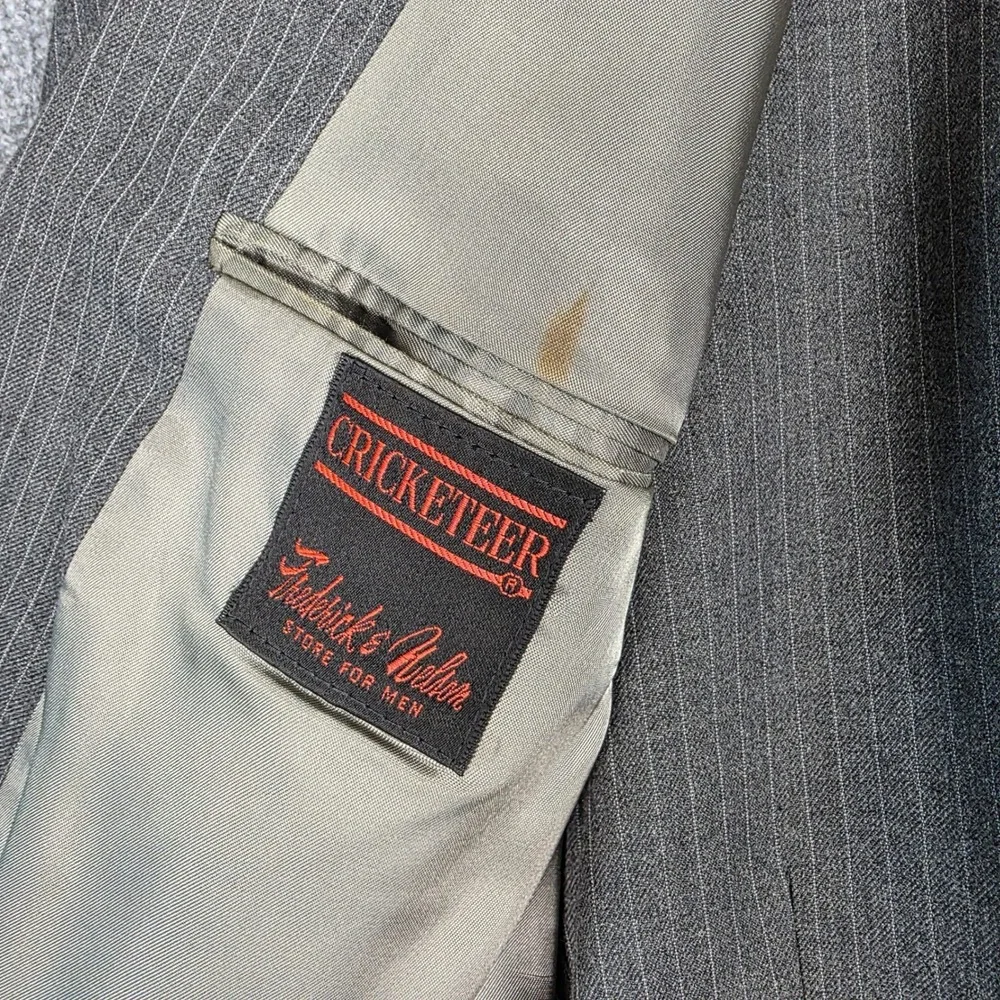 Vtg Cricketeer 3 Piece Suit Mens 42L Grey Wool Pinstripe Union Made USA Mobster